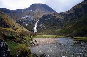 The waterfall of An Steall Ban flows into Glen Nevis on An Gearanach's lower northern slopes. Steall waterfall.jpg