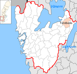 Община Тьоребуда на картата на лен Вестра Йоталанд, Швеция