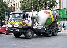 A concrete mixer of Schwing Stetter on the cab chassis of a Tatra 815 Tatra Betonmischer in Prag, 2010.jpg