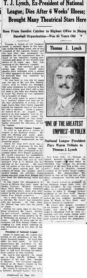 Thumbnail for File:Thomas J. Lynch (1859-1924) obituary in the New Britain Herald of New Britain, Connecticut on February 27, 1924.jpg