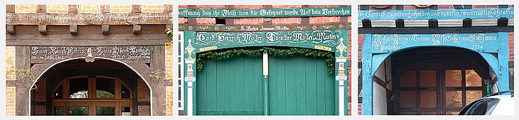 The lintels of Fachhallenhauser in the Wedemark north of Hanover, with inscription and builder's details Torbalken Niedersachsenhaus.jpg