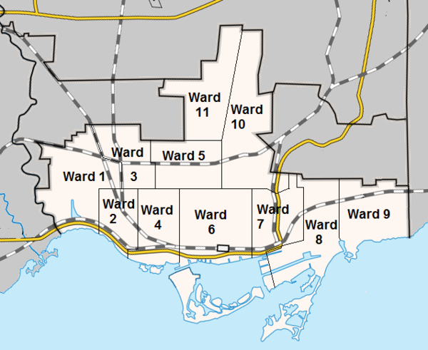 Ward boundaries used in the 1980 election Toronto Ward Map 1969.png