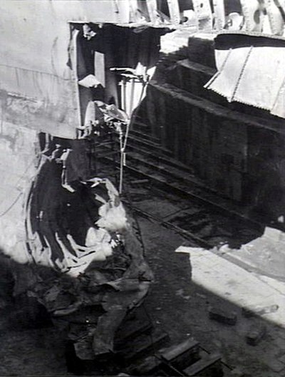 Torpedoed bow of Chicago, while drydocked in Australia