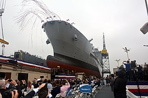 USNS Harvey Milk (T-AO 206) slides into the water during the christening ceremony at General Dynamic NASSCO, San Diego.jpg