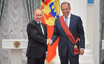Russian President Vladimir Putin and Lavrov, awarded with the Order of Merit for the Fatherland, 1st class, May 2015