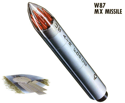 The now decommissioned United States' Peacekeeper missile was an ICBM developed to replace the Minuteman missile in the late 1980s. Each missile, like the heavier lift Russian SS-18 Satan, could contain up to ten nuclear warheads (shown in red), each of which could be aimed at a different target. A factor in the development of MIRVs was to make complete missile defense difficult for an enemy country.