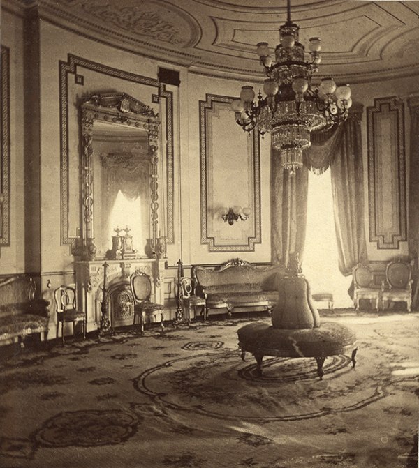 A stereograph view of the Blue Room, in 1870s, during the administration of President Ulysses S. Grant