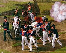 Bergung des tödlich verwundeten Generals der Infanterie Deroy. Detail aus: Schlacht bei Polozk, 18. August 1812 (1813), München.