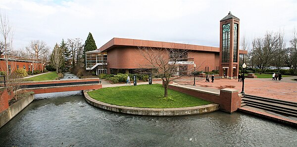 The Mill Stream runs through campus past the Mark O. Hatfield Library and Jackson Plaza.