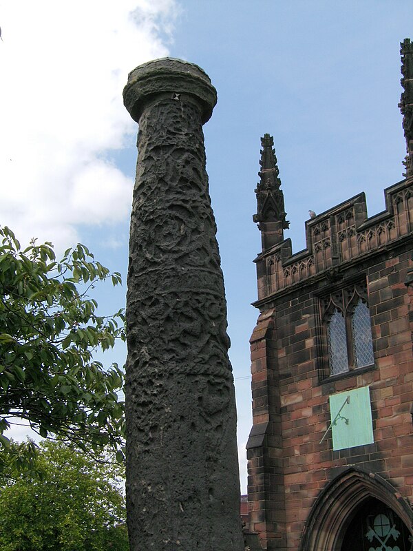 Shaft of Anglo-Saxon cross possilbly taken from the Forum or Basilica of the Baths; constructed c. 100-150 AD and transported to Wolverhampton c. 996 