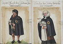 Jews from Worms, Germany wear the mandatory yellow badge. A moneybag and garlic in the hands are an antisemitic stereotype (sixteenth-century drawing). Wormsjews.jpg