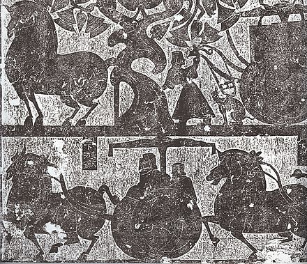 Rubbing detail of stone-carved chariots and horses in Stone Chamber 1 of the Wu family shrines in Shandong Province, China, dated 2nd century CE, Eastern Han Era