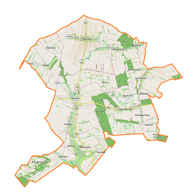 Mapa konturowa gminy Wysokie, blisko centrum na lewo znajduje się punkt z opisem „źródło”, natomiast na dole znajduje się punkt z opisem „ujście”