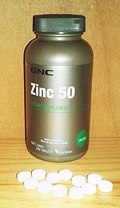 GNC zinc 50 mg tablets. The amount exceeds what is deemed the safe upper limit in the United States (40 mg) and European Union (25 mg) Zinc 50 mg.jpg