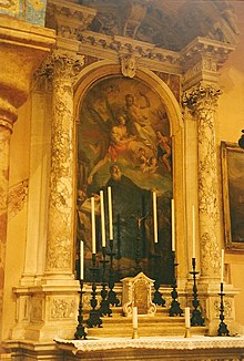 „Opat sv. Antonína odolávající pokušení“, olej na plátně Francesca Zugna (1709-1787), 280 cm x 144 cm, Benátky, kostel kláštera „San Lazzaro degli Armeni“, 1737