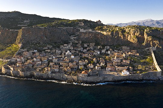View of Monemvasia lower and upper towns from the south