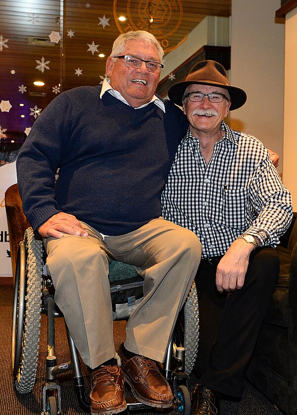 Two of the founders of Disabled Wintersport Australia, Ron Finneran (L) and Nick Dean (R) at a function on 3 September 2013 in Thredbo during the firs