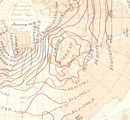 Pressure over Europe 16 January 1882 (782.3 mmHg ~1043 hPa)