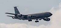 A KC-135R Stratotanker, tail number 57-1439, on final approach at Kadena Air Base in Okinawa, Japan in March 2020. It is assigned to the 22nd Air Refueling Wing and the 931st Air Refueling Wing at McConnell Air Force Base in Wichita, Kansas.