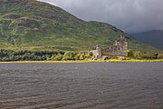 Kilchurn Castle in Scotland, as viewed from a near layby.