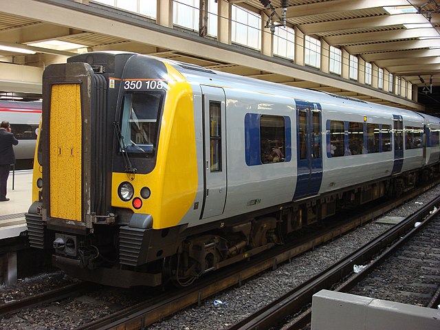 Class 350 at London Euston. The first order of Class 350 units were delivered in a neutral grey and blue livery, as they were operated by both Central