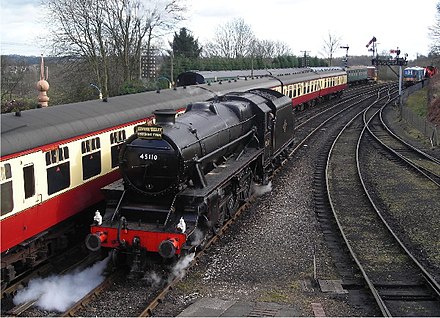 LMS Stanier Class 5 4-6-0 No.45110 with at Bridgnorth railway station on the re-opening date of 21 March 2008. The locomotive carries a headboard commemorating the re-opening.