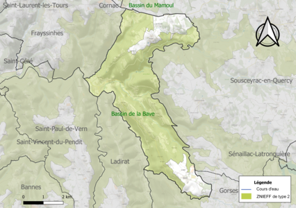 Carte de la ZNIEFF de type 2 sur la commune.