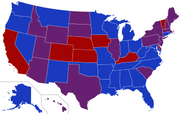 Senators' party membership by state at the opening of the 89th Congress in January 1965
2 Democrats
1 Democrat and 1 Republican
2 Republicans 89th United States Congress Senators.svg