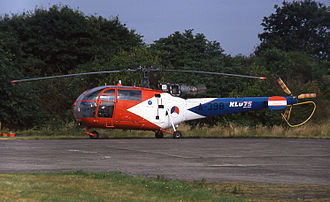 Aerospatiale Alouette III in special markings for the 75th Anniversary of the Royal Netherlands Air Force at Deelen in 1988 A-398 (8171760924).jpg