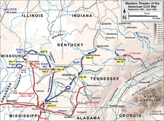 map of Tennessee and surrounding states showing Confederate forces moving to Corinth, Mississippi near the Tennessee border