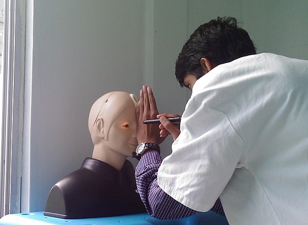 A medical student performs an eye examination on a mannequin in Mauritius