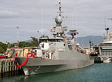 A port bow view of the Thailand missile corvette HTMS SUKHOTHAI (PF 2) moored at a pier (cropped).jpg