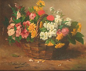 A still life of flowers in a basket