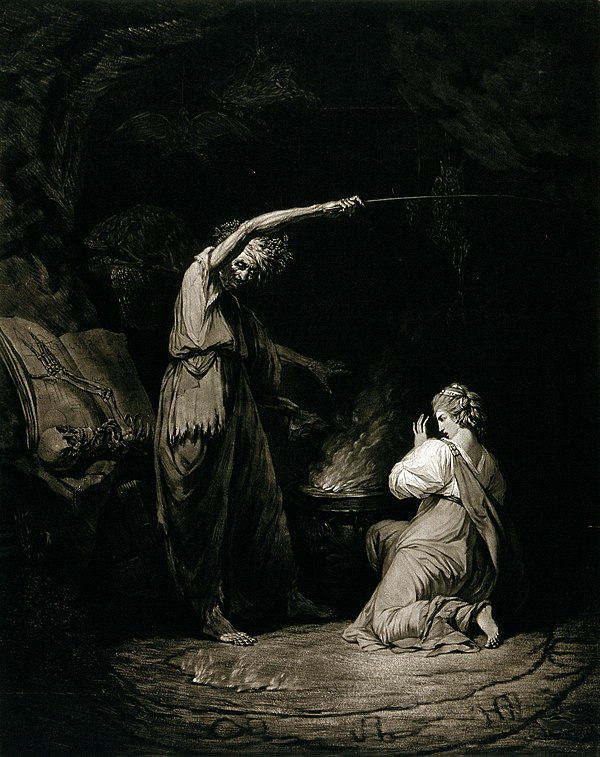 1773 painting of a witch reciting a spell over a cauldron