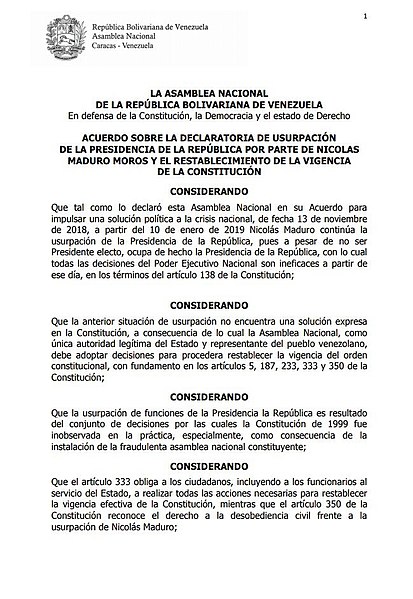 File:Acuerdo sobre la declaratoria de usurpación de la presidencia de la república por parte de Nicolas Maduro Moros y el restablecimiento de la vigencia de la constitución - Página 1.jpg