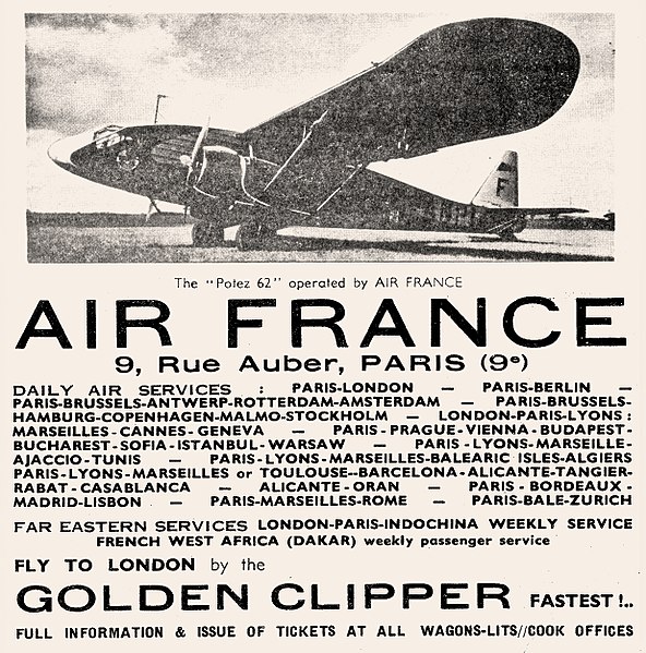 1936 Air France ad for service using Potez 62 twin-engine aircraft