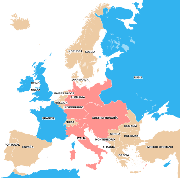 Alianzas enfrentadas al inicio de la Primera Guerra Mundial. En azul la Triple Entente y en rojo la Triple Alianza. Autor: Rowanwinwhistler, 09/10/2017. Fuente: Wikimedia Commons (CC BY-SA 4.0)