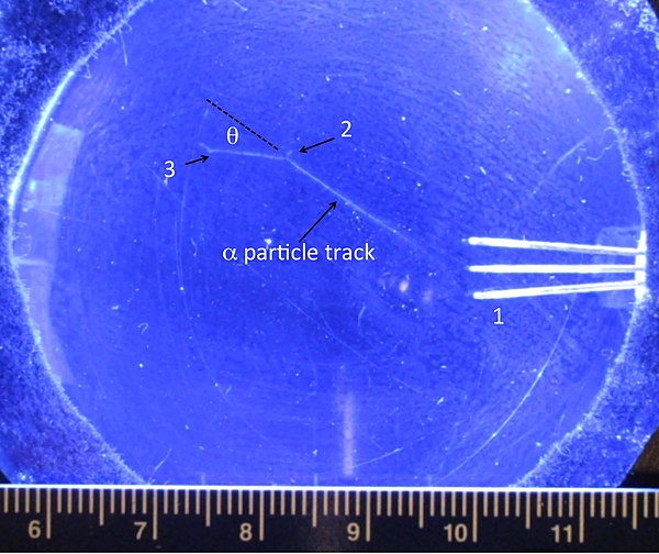 Figure 1. In a cloud chamber, a 5.3 MeV alpha particle track from a lead-210 pin source near point 1 undergoes Rutherford scattering near point 2, def
