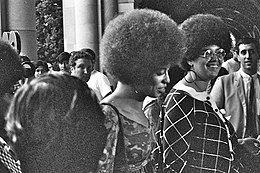 Angela Davis at UCLA (October 1969) to give her first lecture. Angela Davis enters Royce Hall for first lecture October 7 1969.jpg