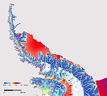 A map showing ice flow speed on the Antarctic Peninsula created from Sentinel-1A data Antarctic Peninsula ice flow ESA360217.jpg