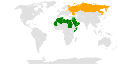 Mapa indicando a localização de Rússia e Liga Árabe