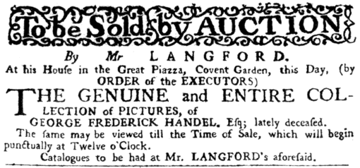 Auction Notice (Daily Advertiser, 28 February 1760) for the sale of Handel's art collection AuctionOfHandelArtCollection DailyAdvertiser28Feb1760.gif