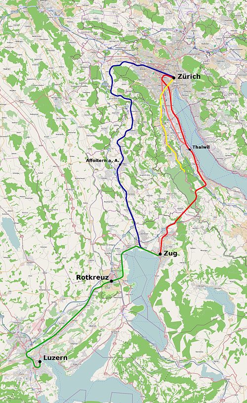 (Zurich) Thalwil–Zug section shown in red but Zug–Arth-Goldau section not shown