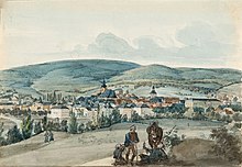 Blick auf die Stadt Wiesbaden von Südosten im Jahr 1837, in der Bildmitte die Türme der Mauritiuskirche (links) und des Uhrturms (rechts), Aquarell von Fritz Bamberger