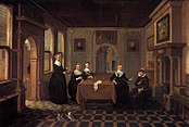 Bartholomeus van Bassen (interior) and Esaias van de Velde (figures). Five ladies in an interior label QS:Len,"Five ladies in an interior" label QS:Lpl,"Pięć dam we wnętrzu" label QS:Lnl,"Interieur met vijf dames" 1625-1650. oil on panelmedium QS:P186,Q296955;P186,Q106857709,P518,Q861259. 94.1 × 141.8 cm (37 × 55.8 in). Amsterdam, Rijksmuseum Amsterdam.