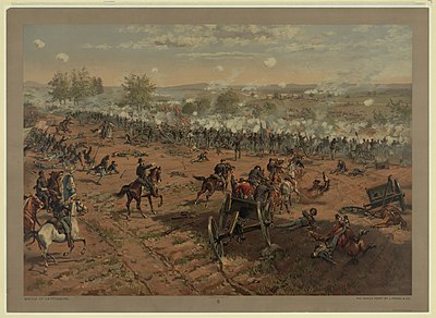 Major General Winfield S. Hancock riding along the Union lines during the Confederate bombardment prior to Pickett's Charge, lithograph by the company of Louis Prang