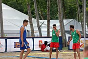 Deutsch: Beachhandball Europameisterschaften 2019 (Beach handball Euro); Tag 3: 4. Juli 2019 – Männer, Platzierungsrunde Gruppe IV, Rumänien-Portugal 2:0 (15:14, 25:24) English: Beach handball Euro; Day 3: 4 July 2019 – Men Consolation Round Group IV – Romania-Portugal 2:0 (15:14, 25:24)