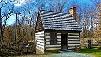 Replica of Banneker's log cabin in Benjamin Banneker Historical Park, Oella, Maryland (2017) Benjamin Banneker Historical Park and Museum Feb 18, 2017, 1-47 PM edit (33003870211).jpg