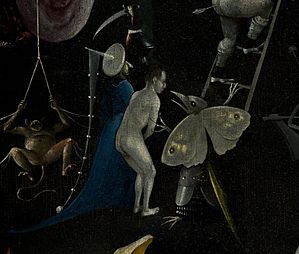 Bosch, Hieronymus - The Garden of Earthly Delights, right panel - Detail Monkey, man with blue clothes and Butterfly monster.jpg