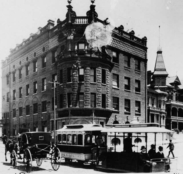 The Women's Christian Temperance Union Temple and a Temple Street Cable Railway car, 1890